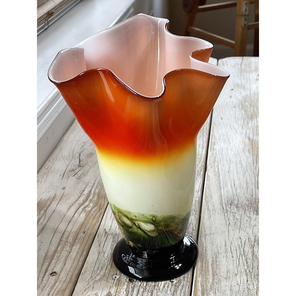 VINTAGE TALL MULTI-COLORED HANDBLOWN PEDESTAL HANDKERCHIEF VASE